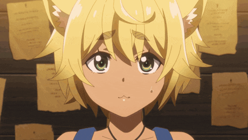 a girl with a cat ear is standing in front of a wall full of papers