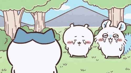 a cartoon of a cat and two rabbits standing in a field with trees in the background