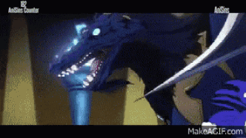 a blue dragon with a sword in its mouth is fighting another dragon .