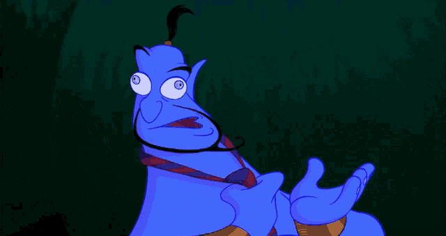 a cartoon of a blue genie with a thumbs up gesture