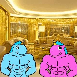 a blue and a pink cartoon unicorn are standing next to each other in a living room