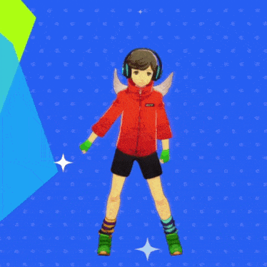 a girl wearing headphones and a red jacket that says ncp on it