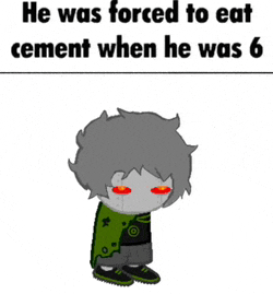 a cartoon of a boy with red eyes and the words he was forced to eat cement when he was 6