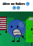 a blue ball with a sad face is standing next to a green box with a sad face .