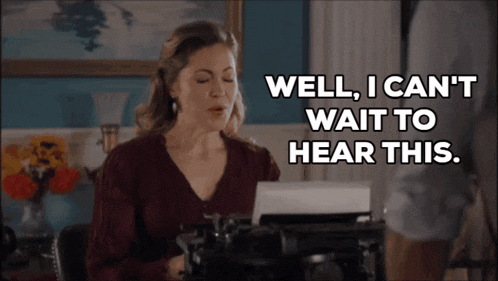 a woman sitting at a typewriter with the words well i can 't wait to hear this