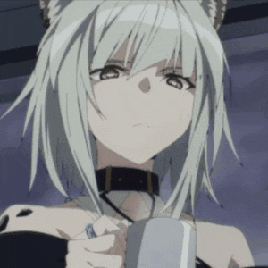 a close up of a girl with white hair holding a cup