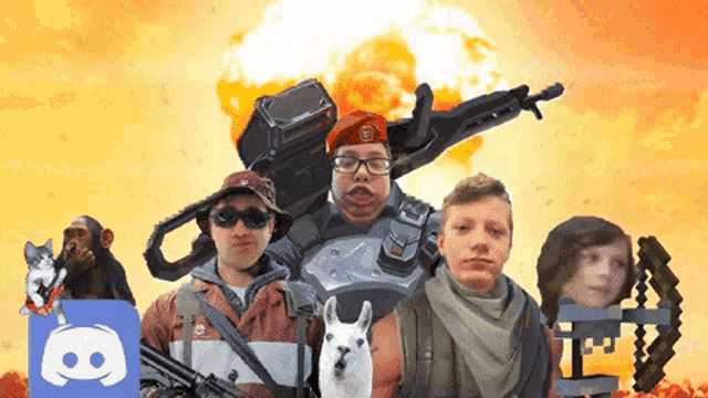 a group of people standing next to each other with a discord logo in the corner