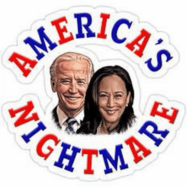 a sticker of a man and a woman with the words `` america 's nightmare '' written around them .