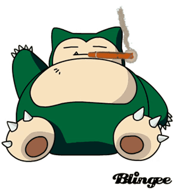 a cartoon of snorlax smoking a cigar with blingee in the corner
