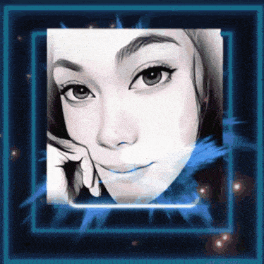 a black and white photo of a woman 's face with a blue frame around it