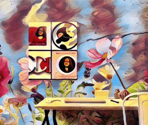 a painting of a desk with flowers and a sign that says ' x '