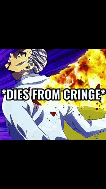 a man in a white shirt is standing in front of a fire and says dies from cringe