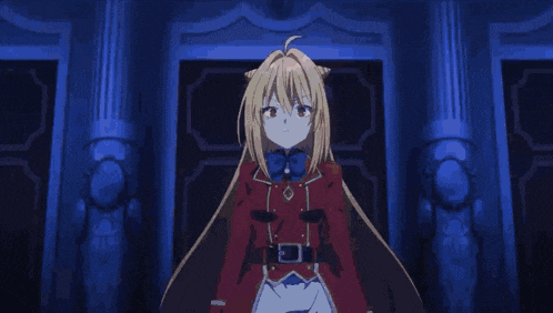a girl with blonde hair and a red jacket is making a funny face .