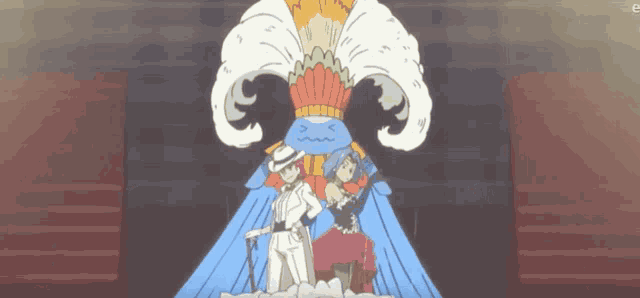 a cartoon of a man and a woman standing next to each other in front of a statue .