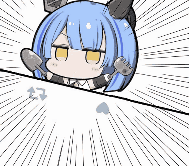 a cartoon of a girl with blue hair holding a fork and shovel