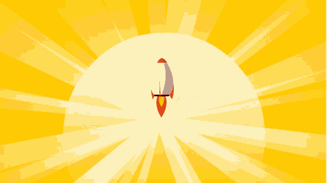 a white rocket with a red tail is flying through the air on a yellow background