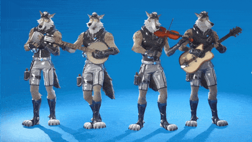 four wolves are playing musical instruments including a banjo and a violin