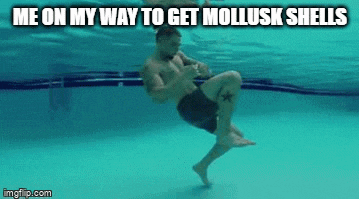 a man is swimming underwater in a pool with a caption that says me on my way to get mollusk shells