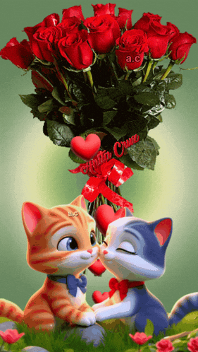 two cats kissing in front of a bouquet of roses