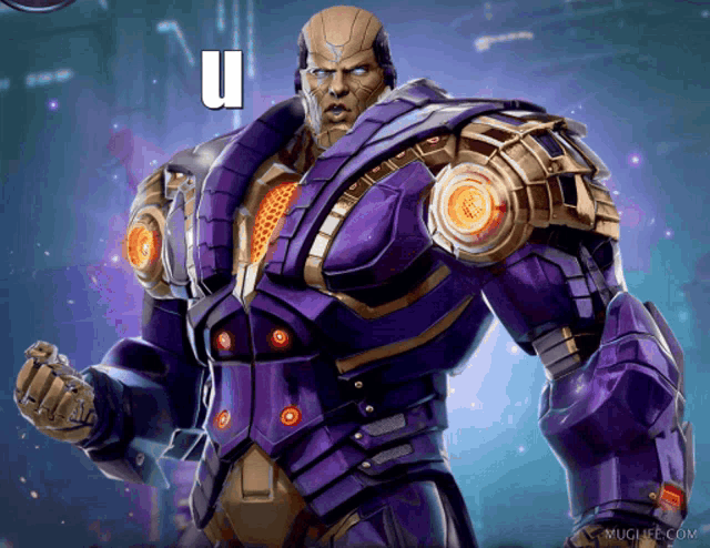 a man in a purple and gold suit with the letter u above him