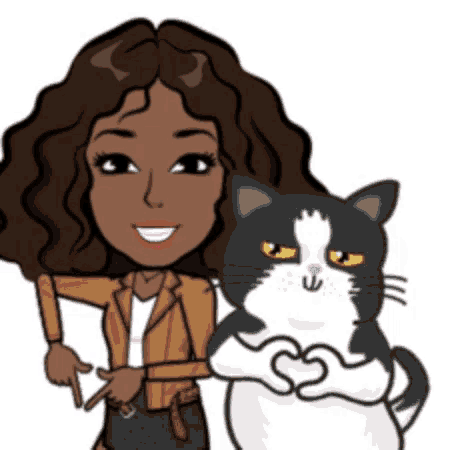 a cartoon of a woman holding a black and white cat in her arms