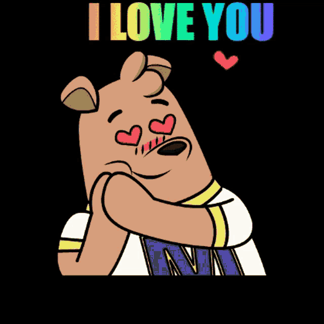 a cartoon bear with hearts in his eyes and the words " i love you "