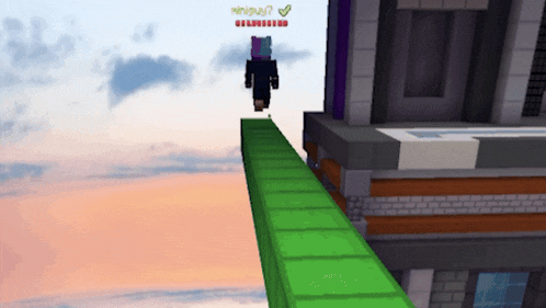 a person in a minecraft game is walking on a green beam