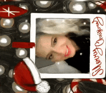 a picture of a woman in a christmas frame with a santa hat on her head .