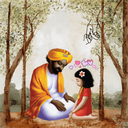a painting of a man and a little girl with hearts coming out of their heads