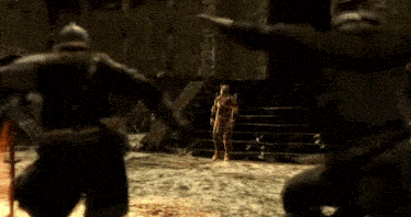 a group of warriors are standing in a dark room