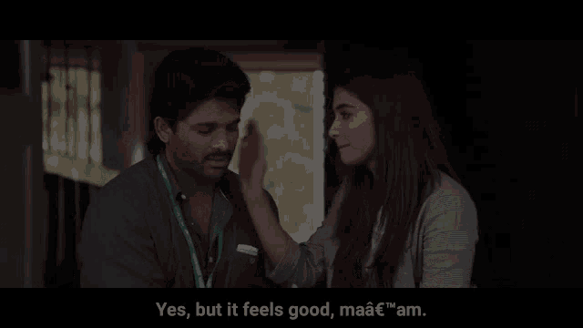 a man and a woman are sitting next to each other and the man is saying yes but it feels good