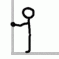 a stick figure is leaning against a wall and looking out .