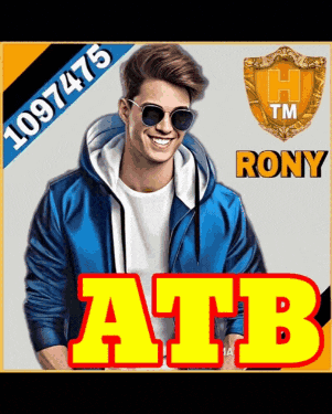a man wearing sunglasses and a blue jacket with the letters atb on the bottom