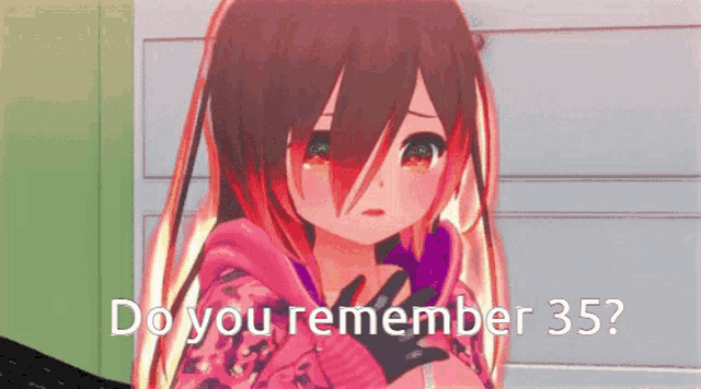a cartoon girl with red hair and green eyes is asking if you remember 35