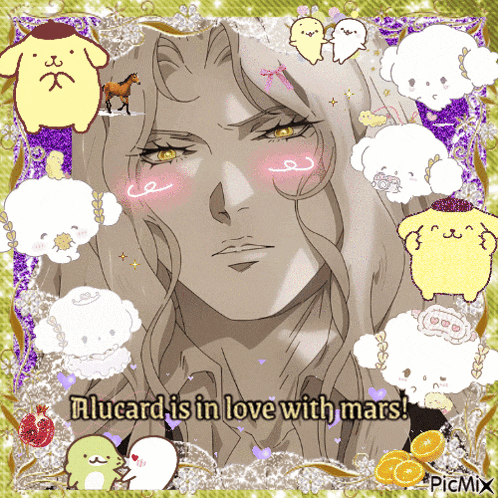 a picture of a man with the words " alucard is in love with mars " on the bottom