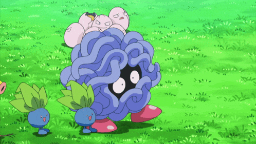 a group of cartoon characters are standing in the grass