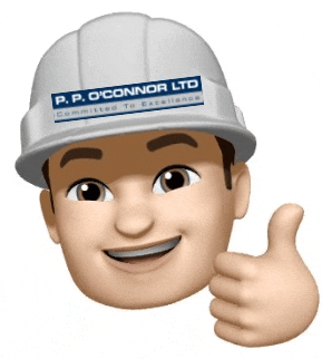 a man wearing a hard hat that says p.p. o'connor ltd on it