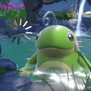 a green frog is swimming in a pond with flowers in the background