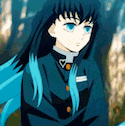 a close up of a cartoon character with long blue hair and blue eyes .