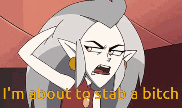 a cartoon of a woman with the words " i 'm about to stab a bitch "