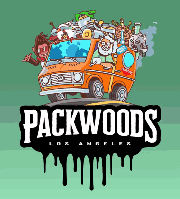 a logo for packwoods los angeles with a cartoon van on top