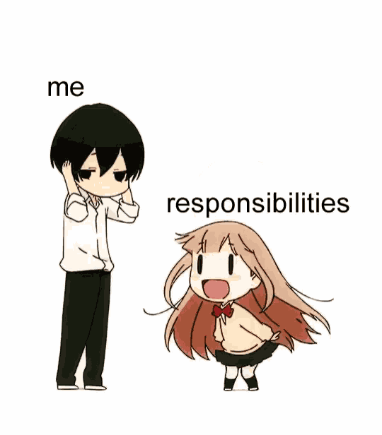 a boy and a girl are standing next to each other with the words `` me responsibilities '' written on the bottom .