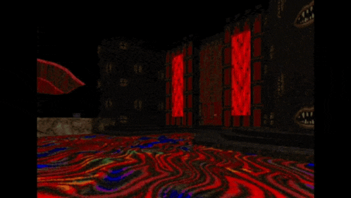a computer generated image of a dark room with a colorful carpet
