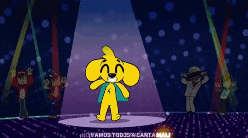 a cartoon of a dog standing in front of a spotlight with the words " vamos todos a canta " on the bottom