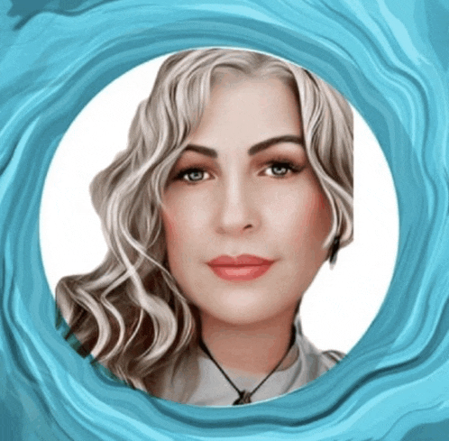 a woman 's face is in a circle with a blue background