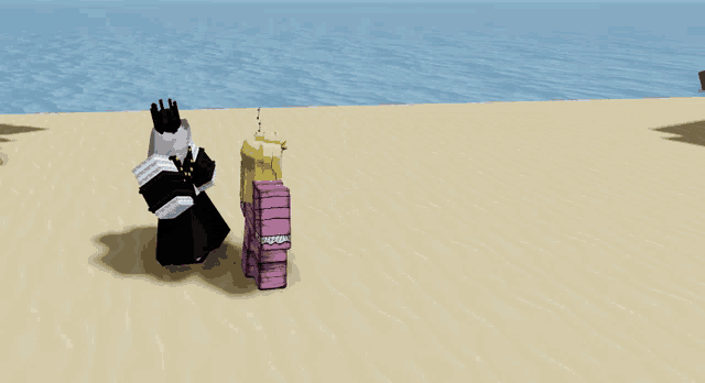 a cartoon character is standing on a sandy beach holding a white circle