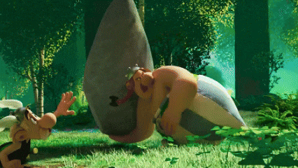 a couple of cartoon characters are standing in a grassy area