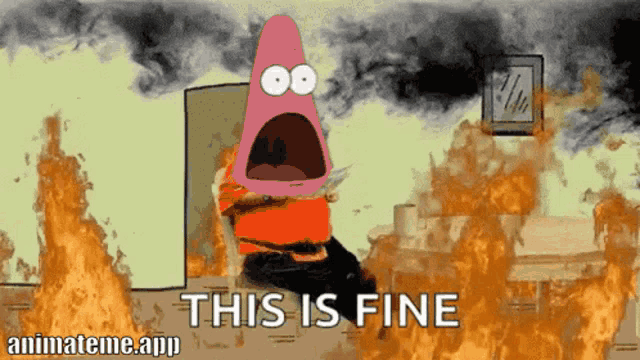 a cartoon character says " this is fine " in front of a burning building