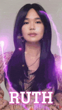 a woman in a purple dress with the name ruth on the bottom