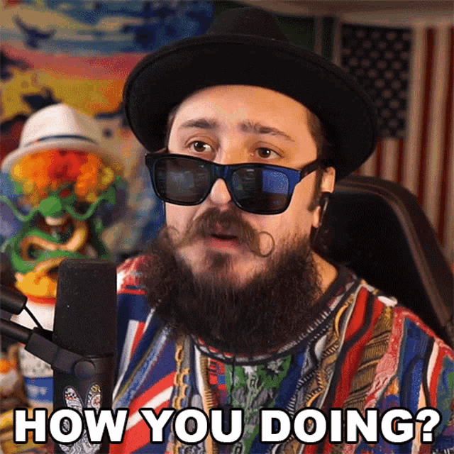 a man with a beard wearing sunglasses and a hat says " how you doing "